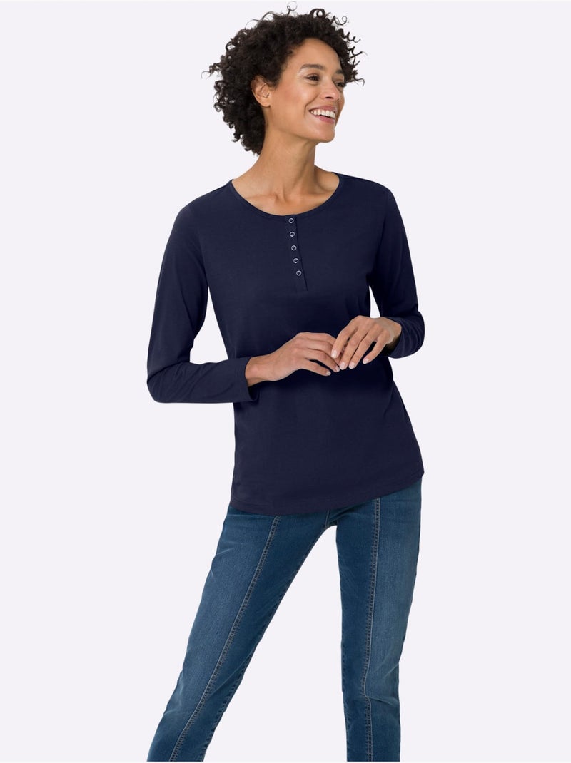 T-shirt à Manches Longues Pur Coton - Taille Standard - Moda Vilona Bleu marine - Kiabi