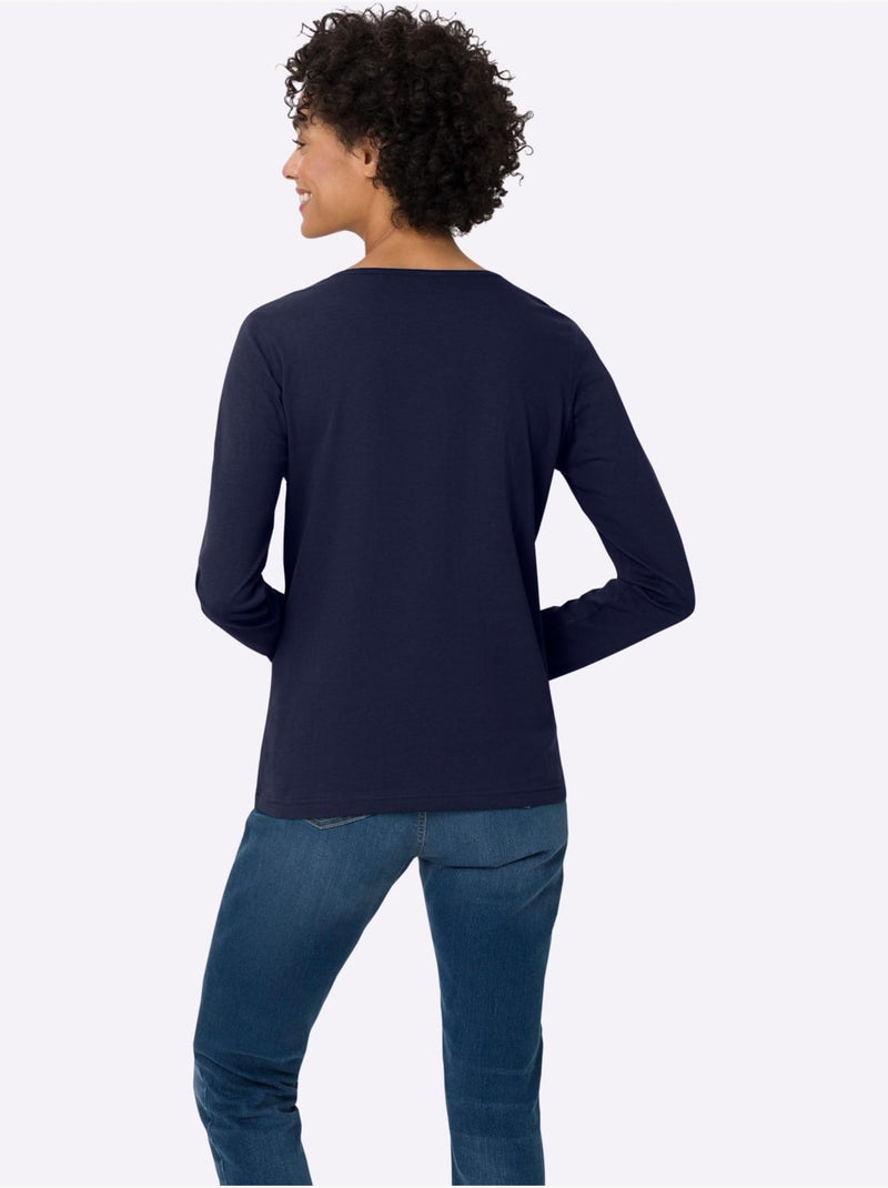 T-shirt à Manches Longues Pur Coton - Taille Standard - Moda Vilona Bleu marine - Kiabi