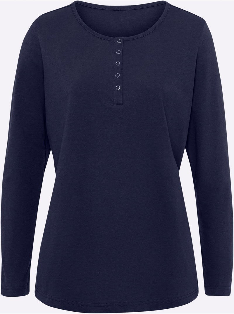 T-shirt à Manches Longues Pur Coton - Taille Standard - Moda Vilona Bleu marine - Kiabi