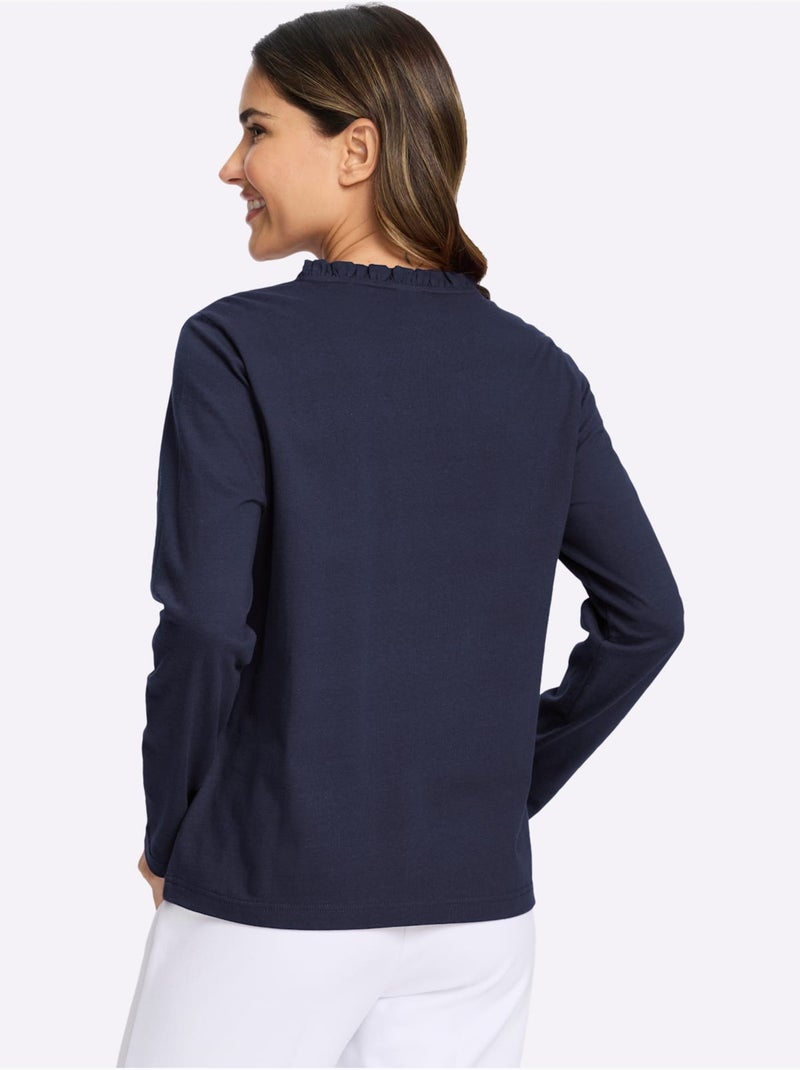 T-shirt à Manches Longues Pur Coton - Taille Standard - Moda Vilona Bleu marine - Kiabi
