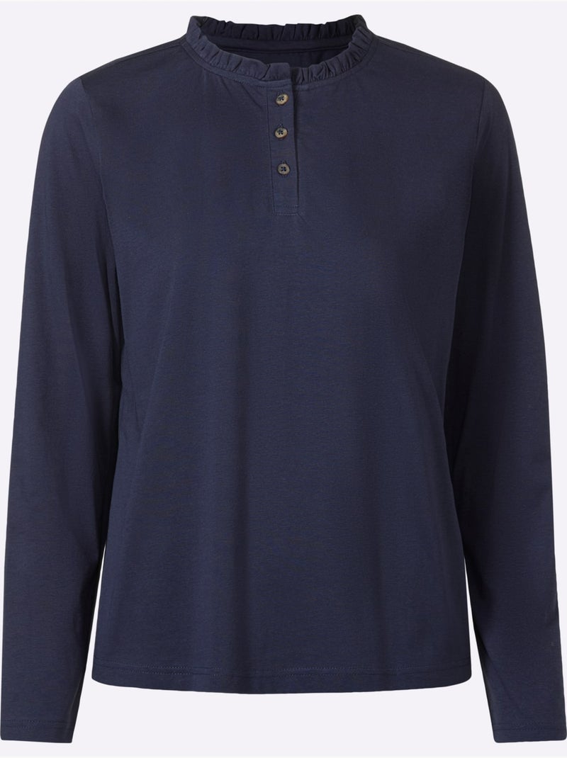 T-shirt à Manches Longues Pur Coton - Taille Standard - Moda Vilona Bleu marine - Kiabi