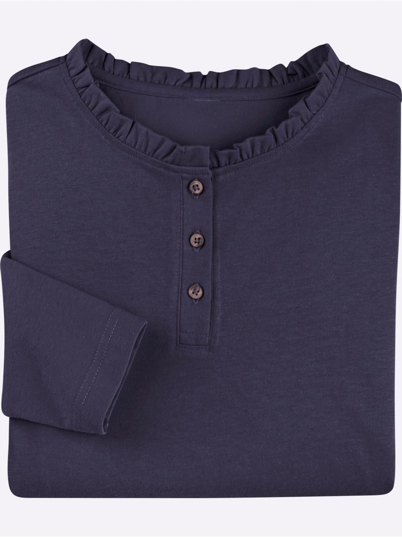 T-shirt à Manches Longues Pur Coton - Taille Standard - Moda Vilona Bleu marine - Kiabi