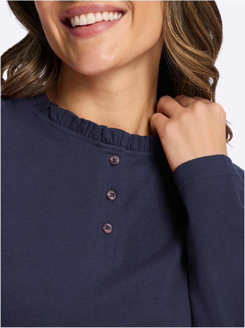 T-shirt à Manches Longues Pur Coton - Taille Standard - Moda Vilona Bleu marine - Kiabi