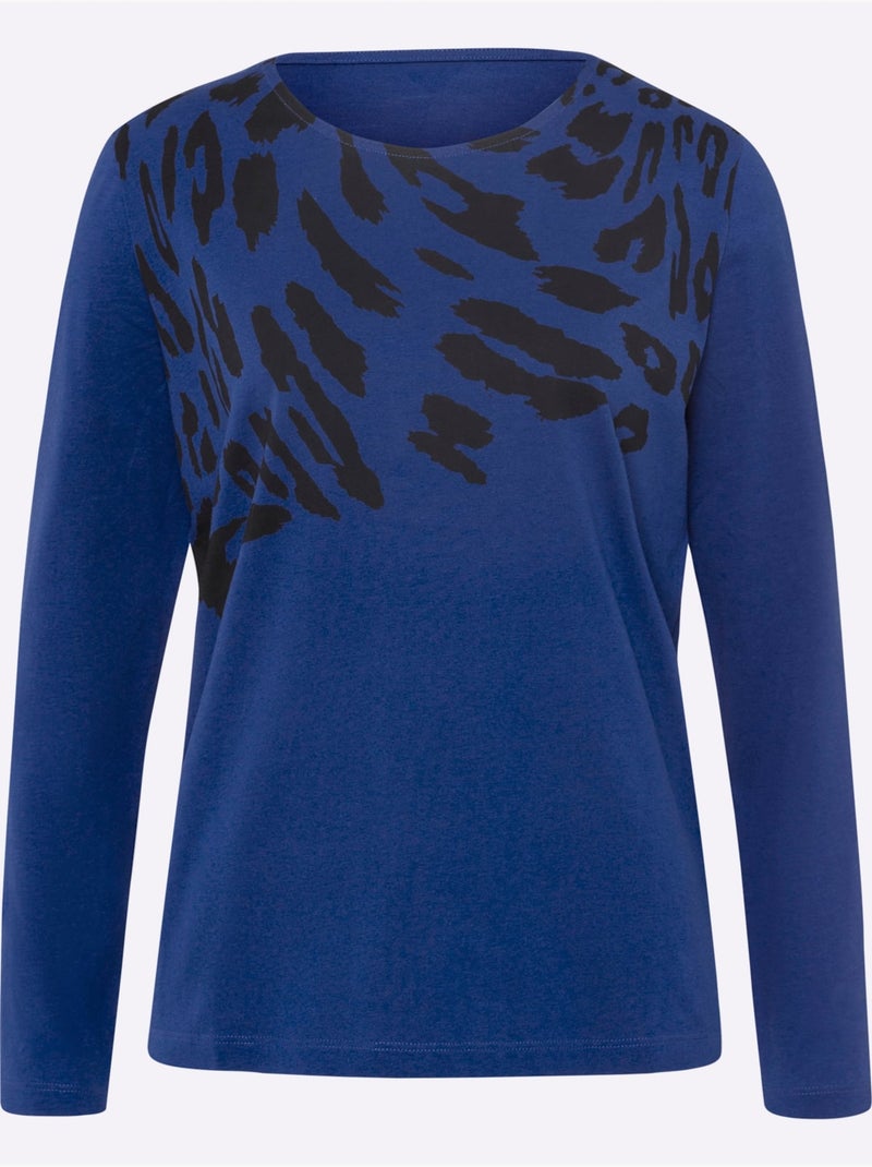 T-shirt à Manches Longues Pur Coton - Taille Standard - Moda Vilona Bleu Noir - Kiabi