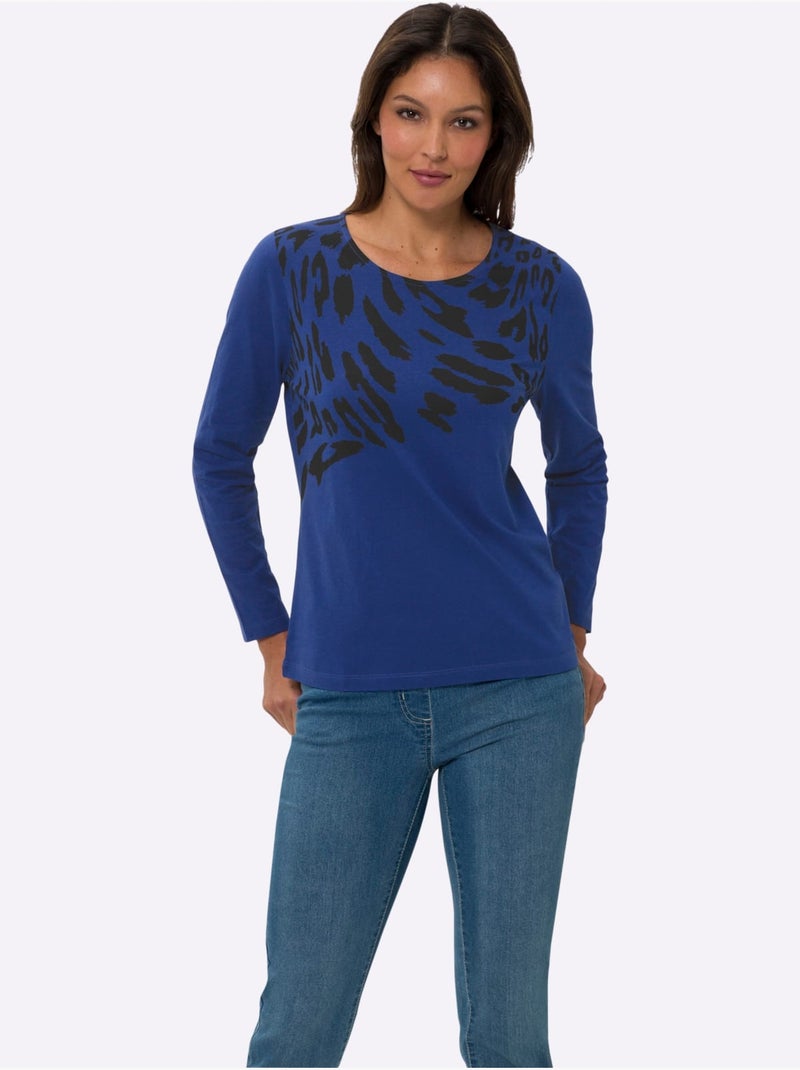 T-shirt à Manches Longues Pur Coton - Taille Standard - Moda Vilona Bleu Noir - Kiabi
