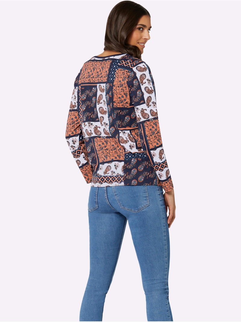 T-shirt à Manches Longues Pur Coton - Taille Standard - Moda Vilona Bleu Orange - Kiabi