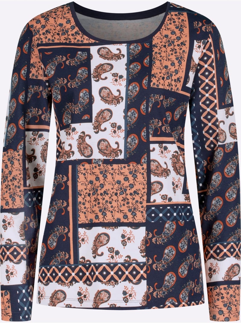 T-shirt à Manches Longues Pur Coton - Taille Standard - Moda Vilona Bleu Orange - Kiabi