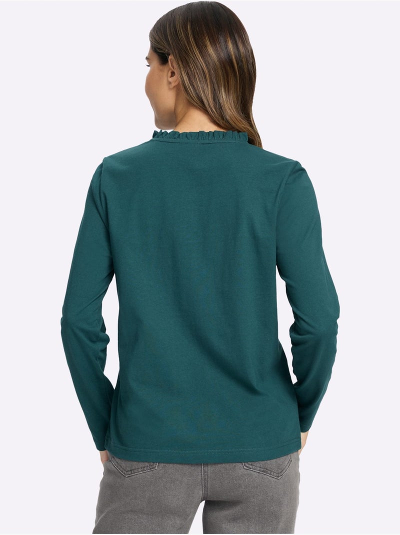 T-shirt à Manches Longues Pur Coton - Taille Standard - Moda Vilona Bleu pétrole - Kiabi