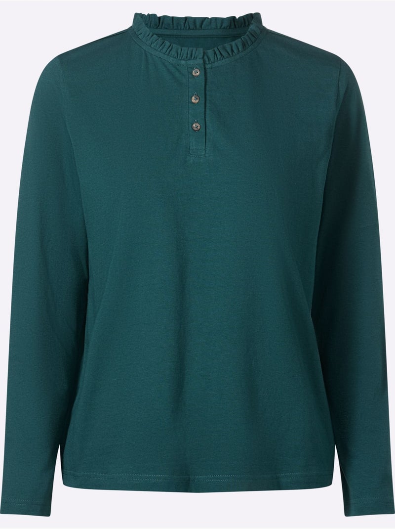 T-shirt à Manches Longues Pur Coton - Taille Standard - Moda Vilona Bleu pétrole - Kiabi