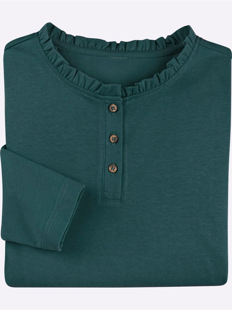 T-shirt à Manches Longues Pur Coton - Taille Standard - Moda Vilona Bleu pétrole - Kiabi