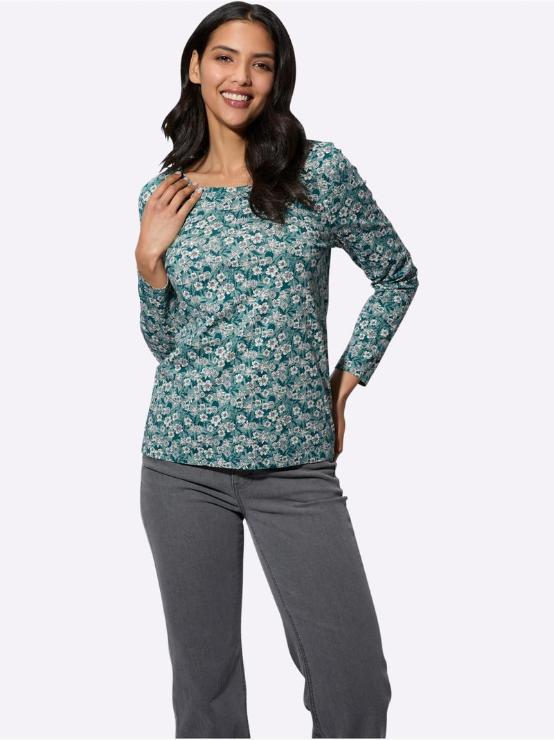 T-shirt à Manches Longues Pur Coton - Taille Standard - Moda Vilona Bleu Vert Bleu - Kiabi