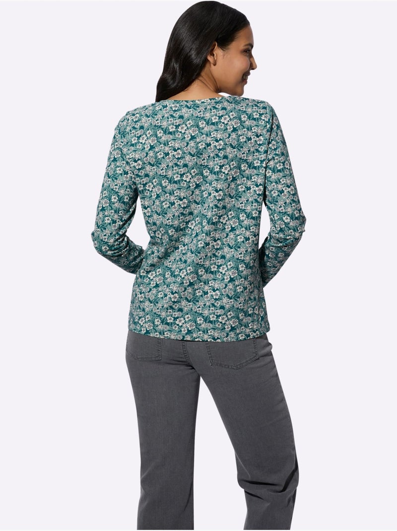 T-shirt à Manches Longues Pur Coton - Taille Standard - Moda Vilona Bleu Vert Bleu - Kiabi