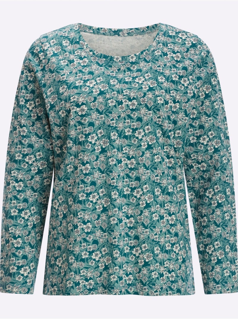 T-shirt à Manches Longues Pur Coton - Taille Standard - Moda Vilona Bleu Vert Bleu - Kiabi
