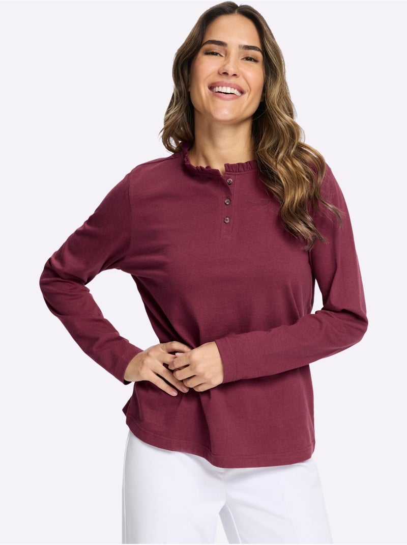 T-shirt à Manches Longues Pur Coton - Taille Standard - Moda Vilona Bordeaux - Kiabi