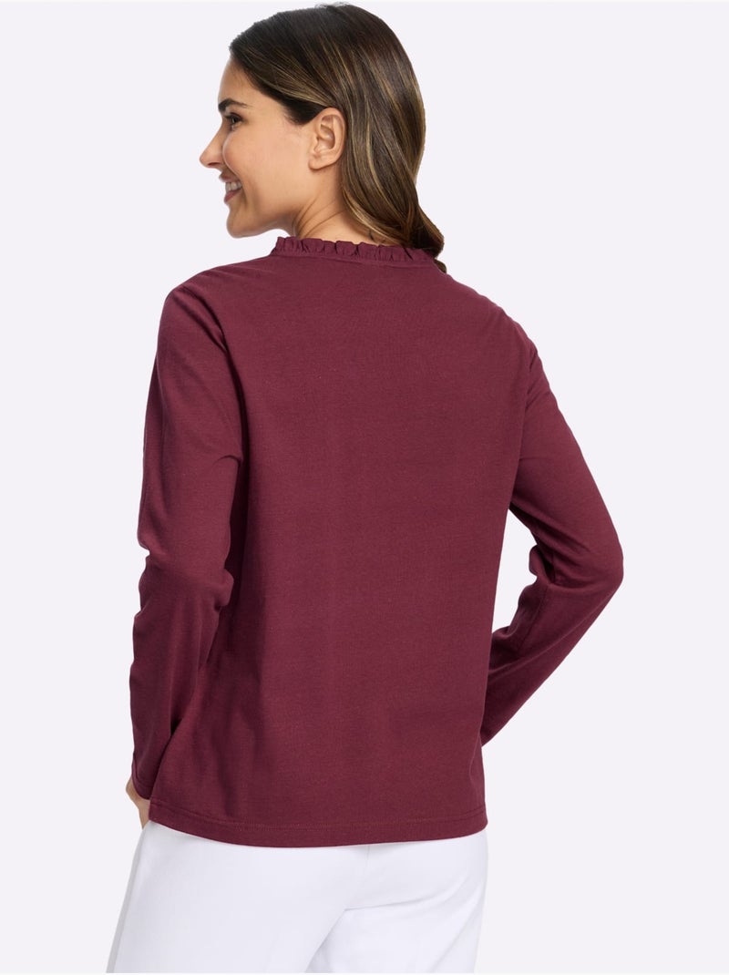 T-shirt à Manches Longues Pur Coton - Taille Standard - Moda Vilona Bordeaux - Kiabi