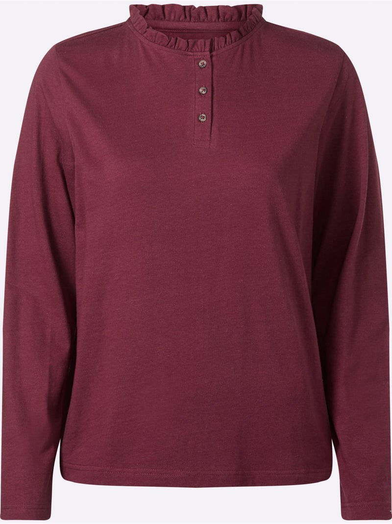 T-shirt à Manches Longues Pur Coton - Taille Standard - Moda Vilona Bordeaux - Kiabi