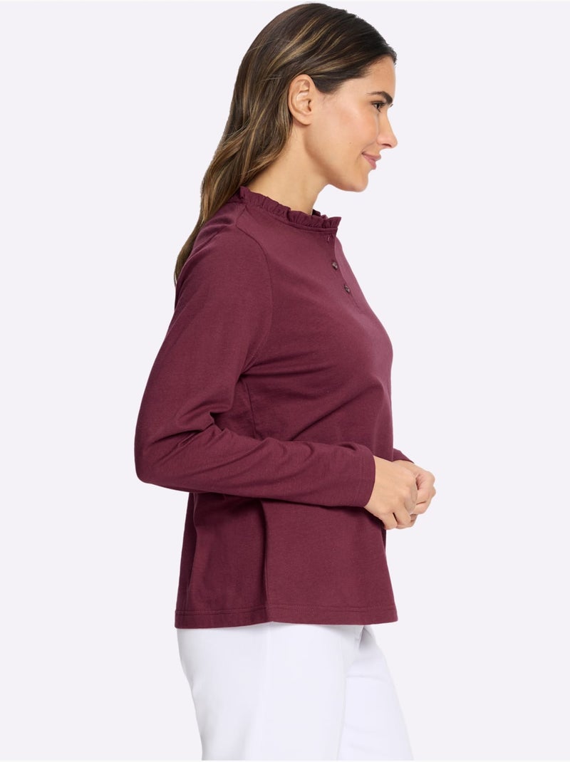 T-shirt à Manches Longues Pur Coton - Taille Standard - Moda Vilona Bordeaux - Kiabi