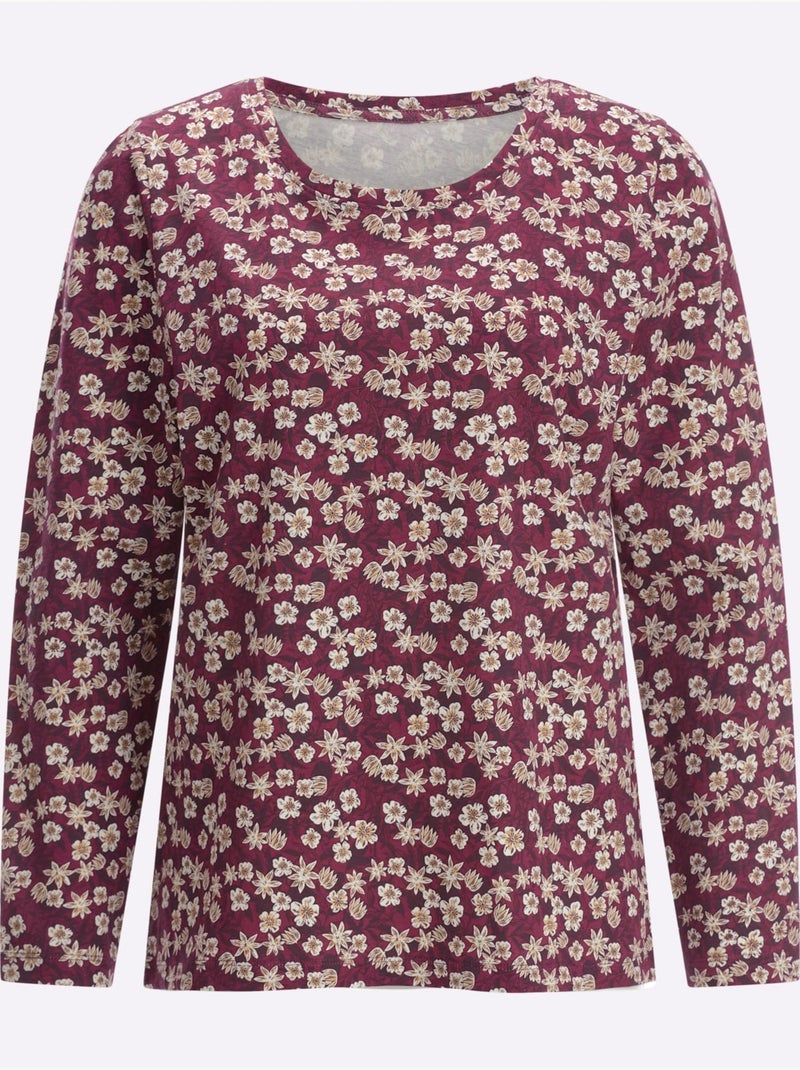 T-shirt à Manches Longues Pur Coton - Taille Standard - Moda Vilona Bordeaux - Kiabi