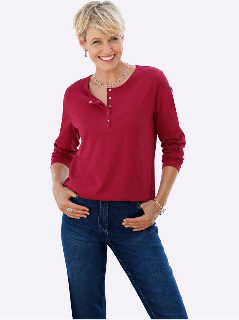 T-shirt à Manches Longues Pur Coton - Taille Standard - Moda Vilona Cerise - Kiabi
