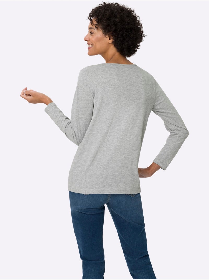 T-shirt à Manches Longues Pur Coton - Taille Standard - Moda Vilona Gris chiné - Kiabi
