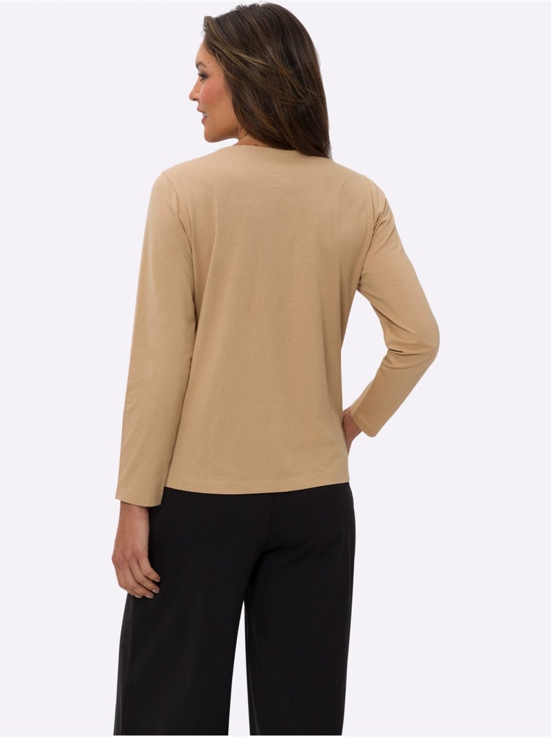 T-shirt à Manches Longues Pur Coton - Taille Standard - Moda Vilona Noir Marron - Kiabi
