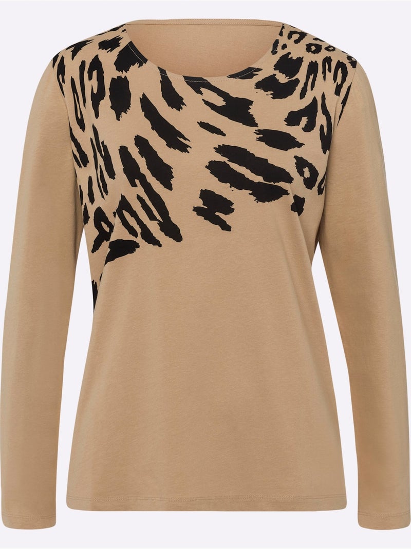 T-shirt à Manches Longues Pur Coton - Taille Standard - Moda Vilona Noir Marron - Kiabi