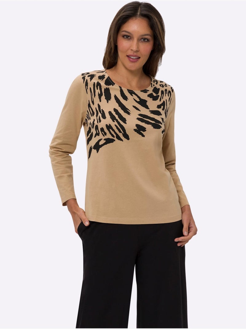 T-shirt à Manches Longues Pur Coton - Taille Standard - Moda Vilona Noir Marron - Kiabi