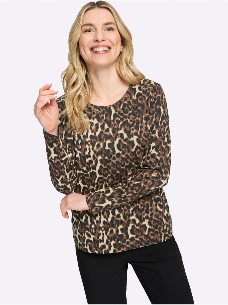 T-shirt à Manches Longues Pur Coton - Taille Standard - Moda Vilona Noir Marron - Kiabi