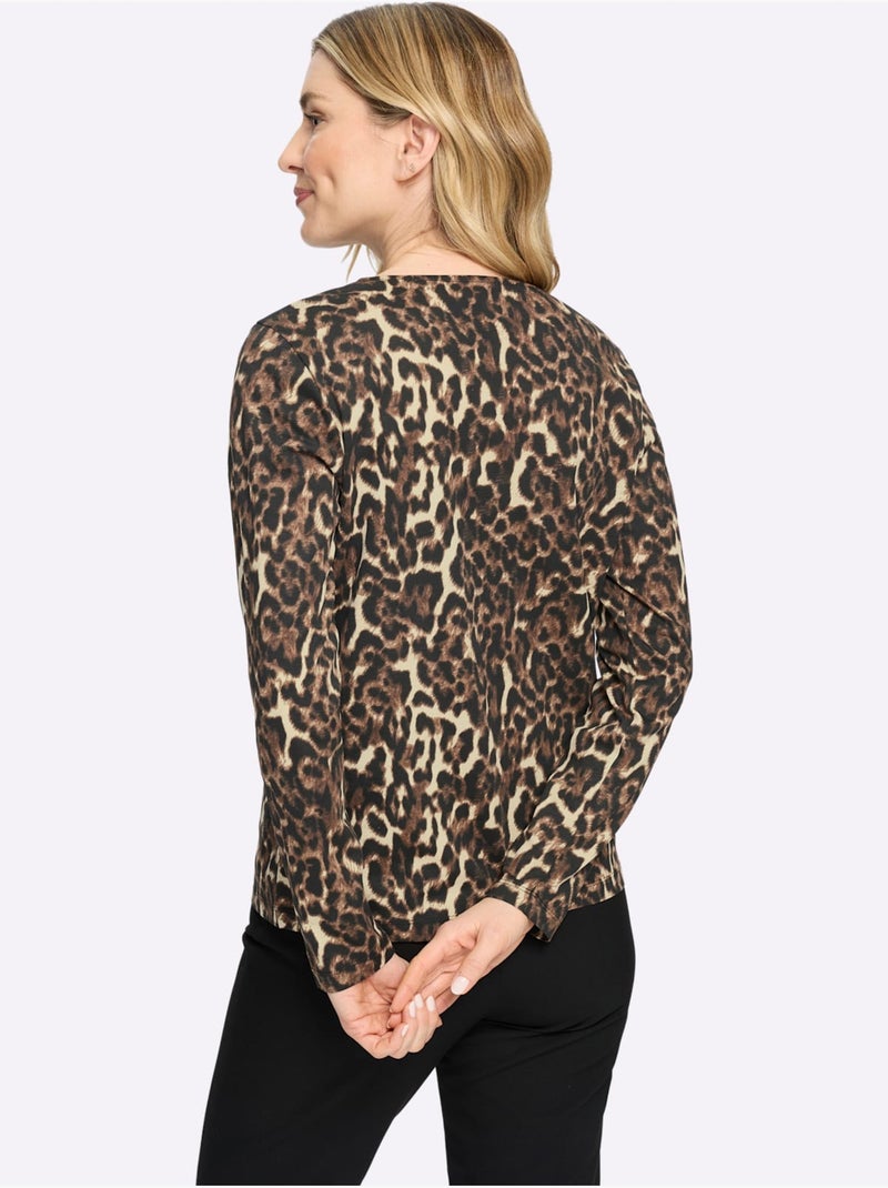 T-shirt à Manches Longues Pur Coton - Taille Standard - Moda Vilona Noir Marron - Kiabi