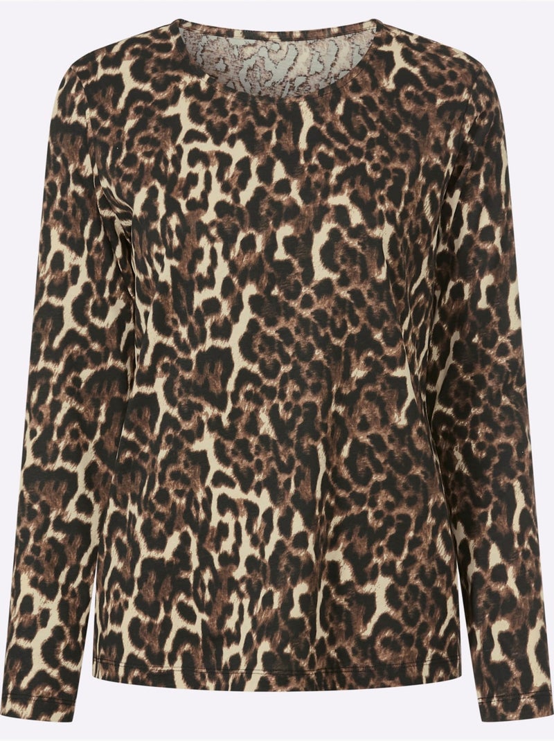 T-shirt à Manches Longues Pur Coton - Taille Standard - Moda Vilona Noir Marron - Kiabi