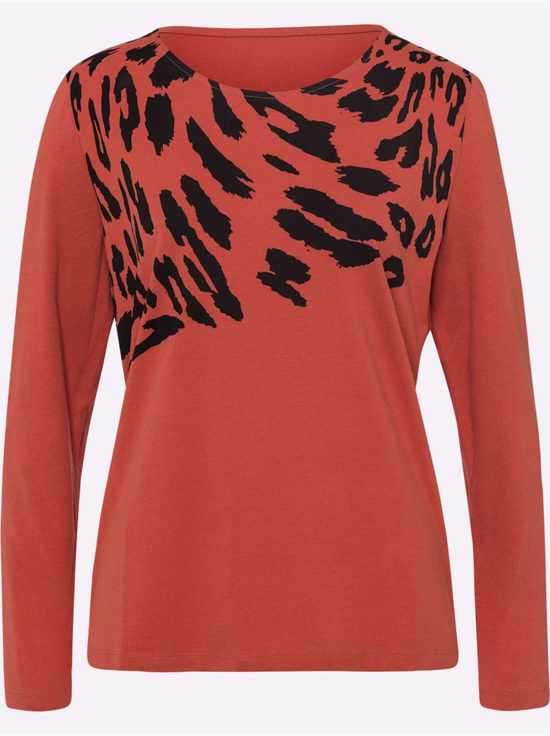 T-shirt à Manches Longues Pur Coton - Taille Standard - Moda Vilona Terre cuite - Kiabi