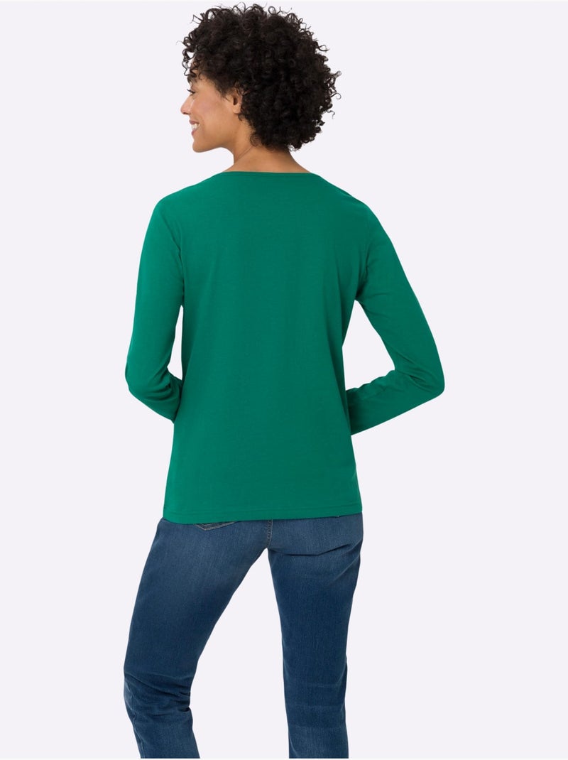 T-shirt à Manches Longues Pur Coton - Taille Standard - Moda Vilona Vert - Kiabi