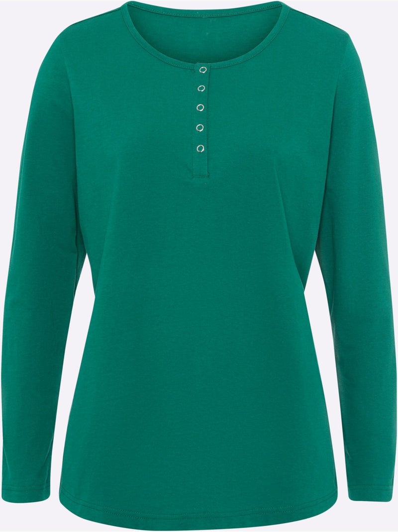 T-shirt à Manches Longues Pur Coton - Taille Standard - Moda Vilona Vert - Kiabi