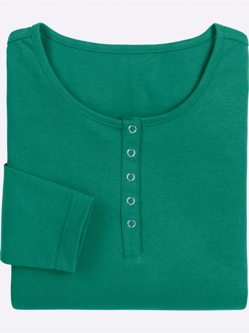 T-shirt à Manches Longues Pur Coton - Taille Standard - Moda Vilona Vert - Kiabi