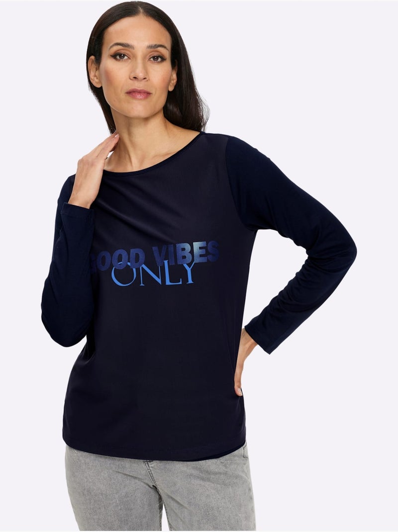 T-shirt à Manches Longues Qualité Maille Imprimée - Taille Standard - Helline Bleu Bleu marine Noir - Kiabi