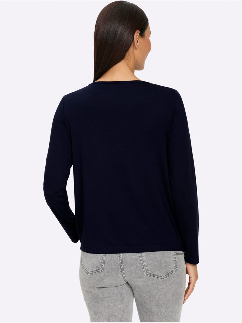 T-shirt à Manches Longues Qualité Maille Imprimée - Taille Standard - Helline Bleu Bleu marine Noir - Kiabi