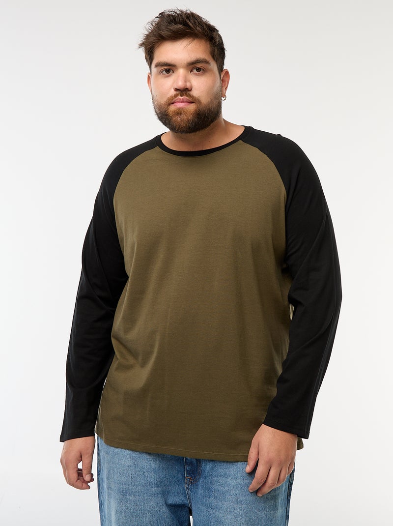 T-shirt à manches longues raglan et col rond Kaki - Kiabi