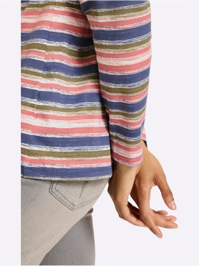 T-shirt à manches longues rayure imprimée - taille standard - helline Bleu Rose - Kiabi