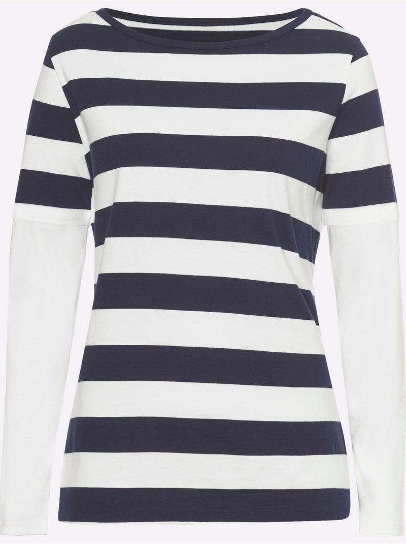 T-shirt à Manches Longues Rayures Tendance - Taille Standard - helline Bleu Ecru - Kiabi