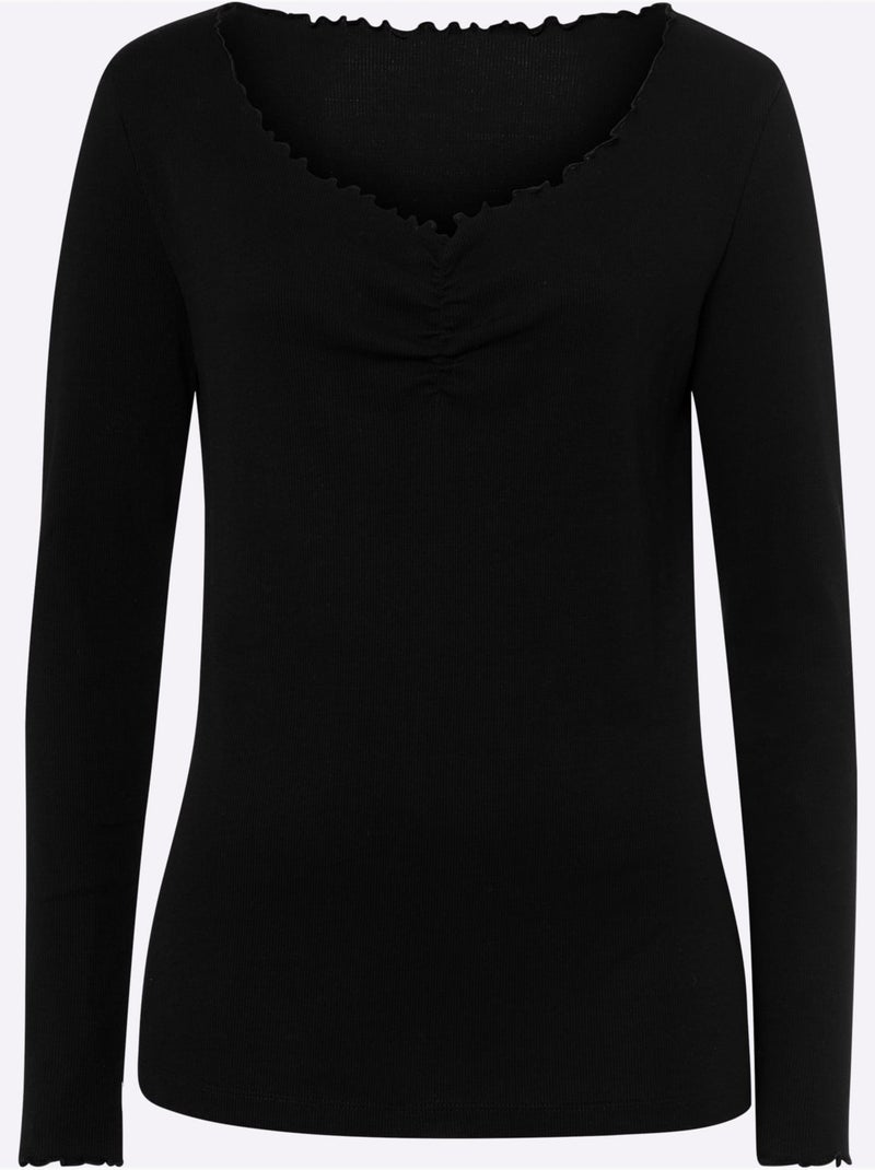 T-shirt à Manches Longues Structure Côtelée - Taille Standard - Helline Noir - Kiabi
