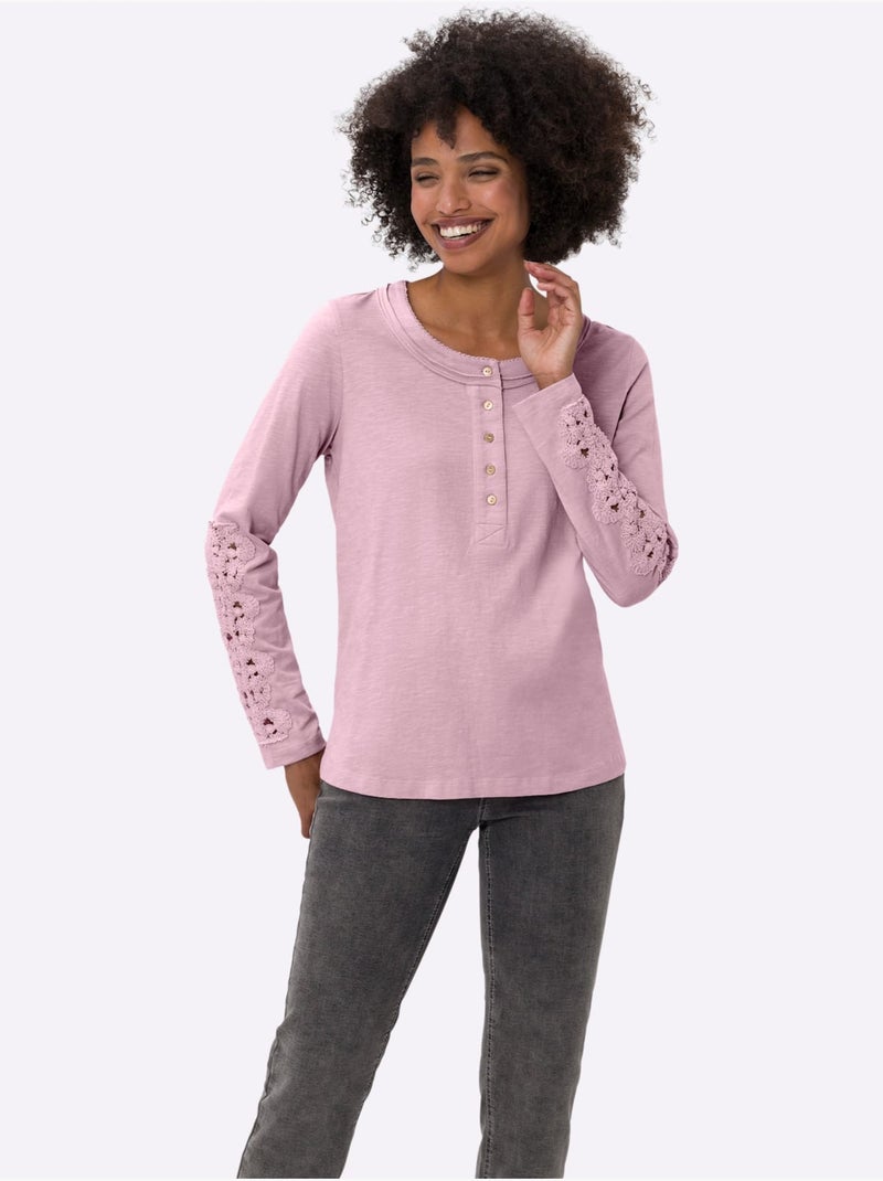 T-shirt à Manches Longues Superbe Empiècement En Dentelle - Taille Standard - Helline Rose - Kiabi