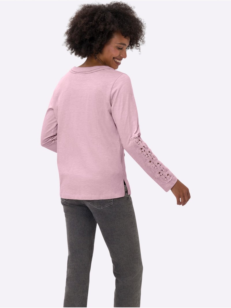 T-shirt à Manches Longues Superbe Empiècement En Dentelle - Taille Standard - Helline Rose - Kiabi
