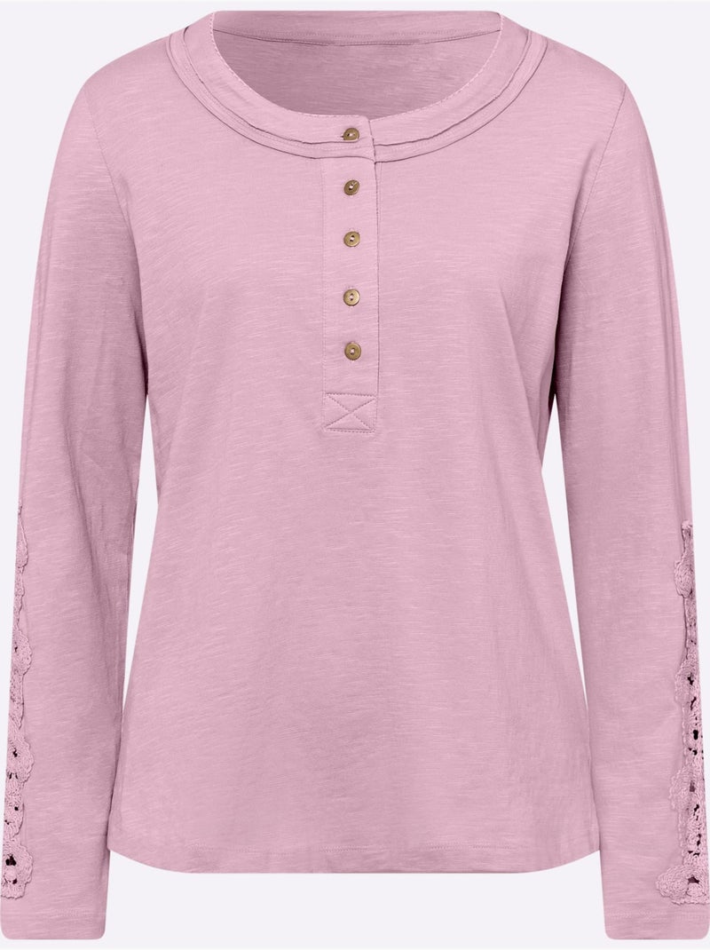 T-shirt à Manches Longues Superbe Empiècement En Dentelle - Taille Standard - Helline Rose - Kiabi