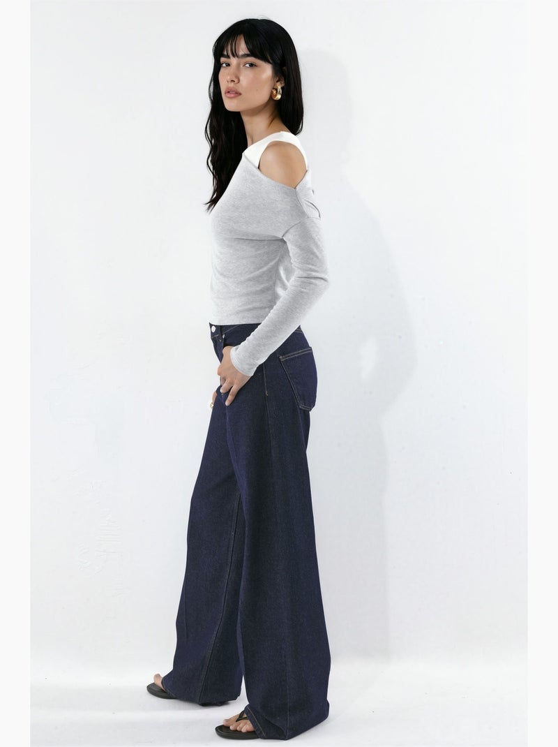 T-shirt à manches longues superposé en mélange de viscose avec encolure asymétrique hiccup Gris clair - Kiabi