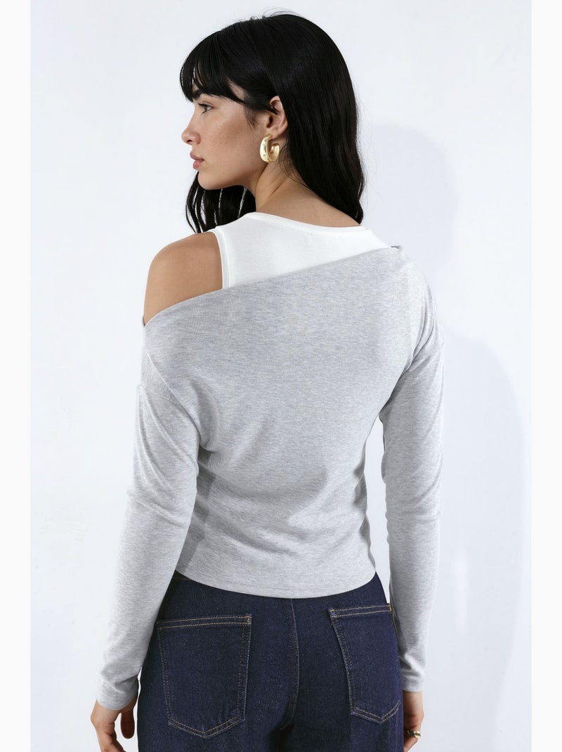 T-shirt à manches longues superposé en mélange de viscose avec encolure asymétrique hiccup Gris clair - Kiabi