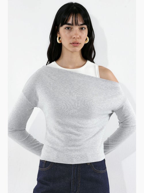 T-shirt à manches longues superposé en mélange de viscose avec encolure asymétrique hiccup - Kiabi T-shirt à manches longues superposé en mélange de viscose avec encolure asymétrique hiccup - Kiabi