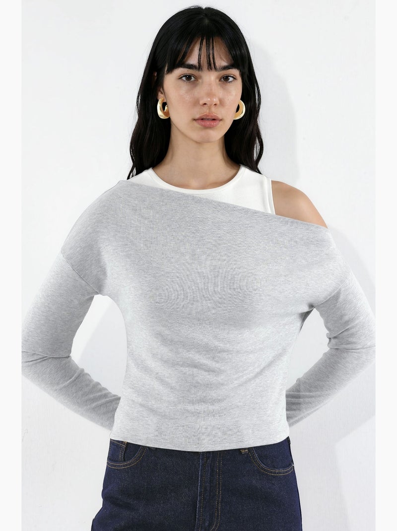 T-shirt à manches longues superposé en mélange de viscose avec encolure asymétrique hiccup Gris clair - Kiabi