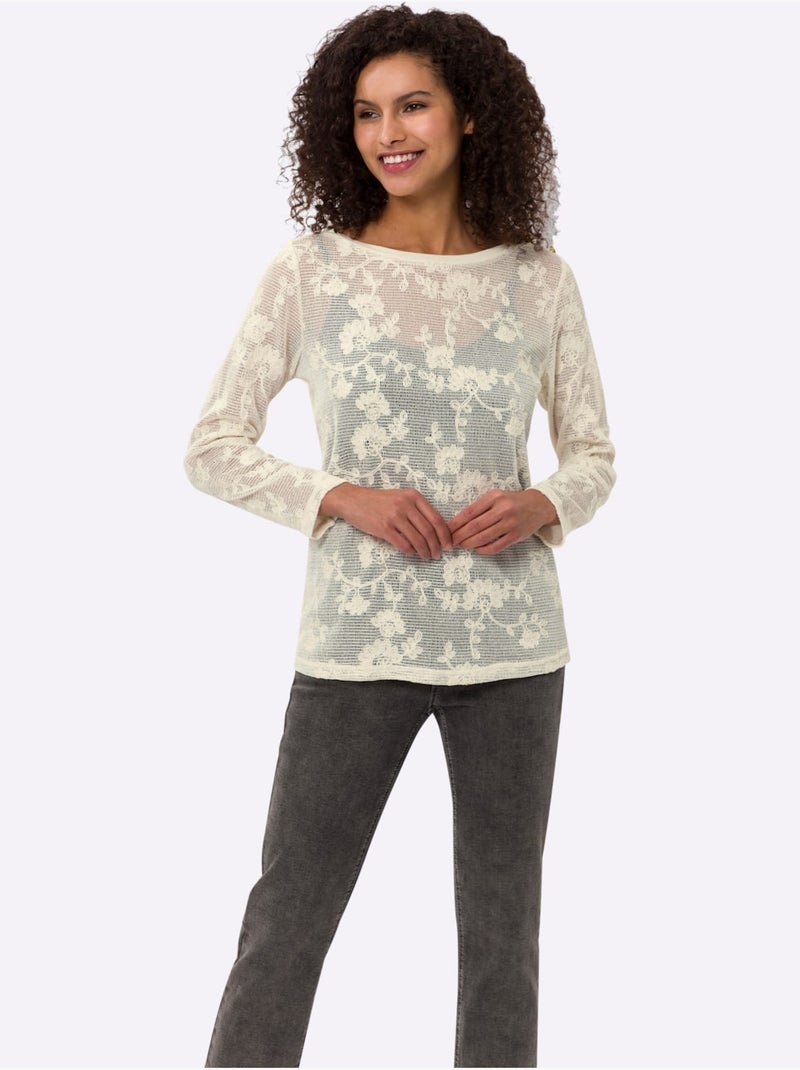 T-shirt à manches longues tout en dentelle - taille standard - helline Ivoire - Kiabi