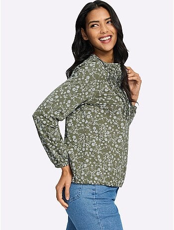 T-shirt à Manches Longues Volants Au Col - Taille Standard - Moda Vilona