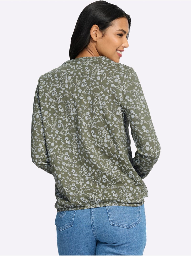 T-shirt à Manches Longues Volants Au Col - Taille Standard - Moda Vilona Blanc Vert - Kiabi